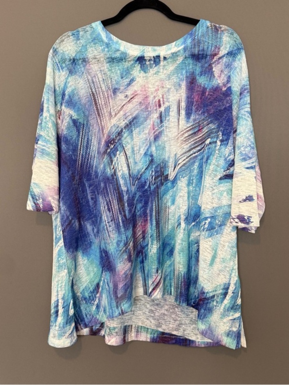 Jess & Jane Abstract Print Knit Coverup Top Blue Purple Short Sleeve Small